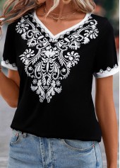 Black Patchwork Tribal Print Short Sleeve T Shirt