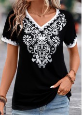 Black Patchwork Tribal Print Short Sleeve T Shirt