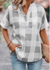 Grey Split Plaid Short Sleeve Blouse | thumb picture 