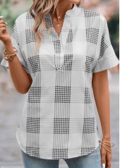 Grey Split Plaid Short Sleeve Blouse