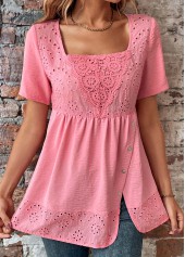 Pink Button Short Sleeve Square Neck Blouse | thumb picture 