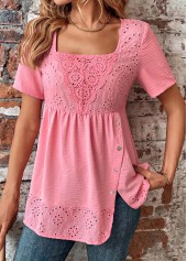 Pink Button Short Sleeve Square Neck Blouse | thumb picture 