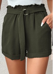 Green Pocket Belted Regular Elastic Waist Shorts