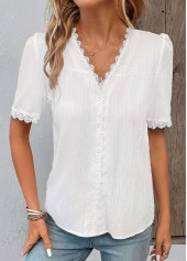 White Patchwork Short Sleeve V Neck Blouse