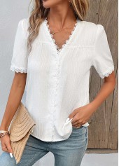 White Patchwork Short Sleeve V Neck Blouse