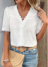 White Patchwork Short Sleeve V Neck Blouse