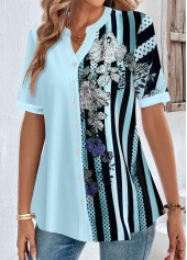 Light Blue Button Plus Size Striped Short Sleeve Shirt | thumb picture 