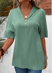 Sage Green Button Short Sleeve Turn Down Collar Blouse | thumb picture 
