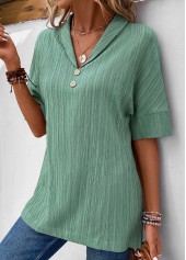 Sage Green Button Short Sleeve Turn Down Collar Blouse