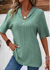 Sage Green Button Short Sleeve Turn Down Collar Blouse | thumb picture 