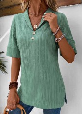 Sage Green Button Short Sleeve Turn Down Collar Blouse | thumb picture 