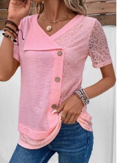 Pink Patchwork Short Sleeve V Neck T Shirt | thumb picture 