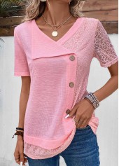 Pink Patchwork Short Sleeve V Neck T Shirt