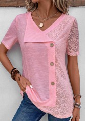 Pink Patchwork Short Sleeve V Neck T Shirt | thumb picture 