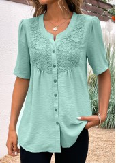 Avocado Green Button Short Sleeve Split Neck Blouse