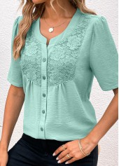 Avocado Green Button Short Sleeve Split Neck Blouse | thumb picture 