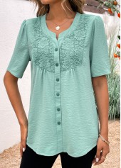 Avocado Green Button Short Sleeve Split Neck Blouse | thumb picture 