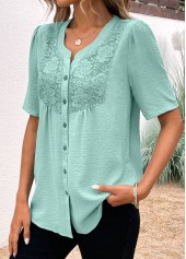 Avocado Green Button Short Sleeve Split Neck Blouse | thumb picture 