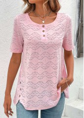 Light Pink Button Short Sleeve Round Neck Blouse