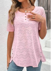Light Pink Button Short Sleeve Round Neck Blouse