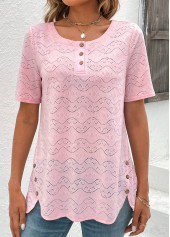 Light Pink Button Short Sleeve Round Neck Blouse