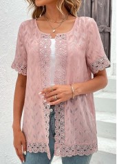 Pink Lace Short Sleeve Round Neck Topper