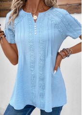 Light Blue Patchwork Short Sleeve Split Neck Blouse | thumb picture 