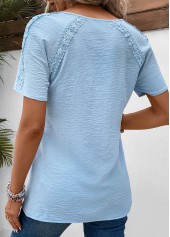Light Blue Patchwork Short Sleeve Split Neck Blouse | thumb picture 
