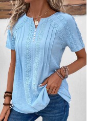 Light Blue Patchwork Short Sleeve Split Neck Blouse | thumb picture 