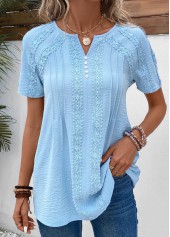 Light Blue Patchwork Short Sleeve Split Neck Blouse | thumb picture 