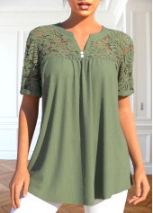 Sage Green Patchwork Short Sleeve Split Neck Blouse