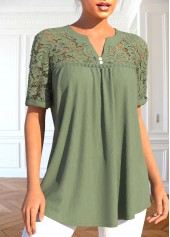 Sage Green Patchwork Short Sleeve Split Neck Blouse | thumb picture 