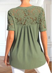 Sage Green Patchwork Short Sleeve Split Neck Blouse | thumb picture 