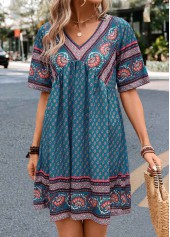 Turquoise Ruched Paisley Print A Line Dress | thumb picture 