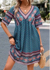 Turquoise Ruched Paisley Print A Line Dress