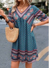 Turquoise Ruched Paisley Print A Line Dress | thumb picture 
