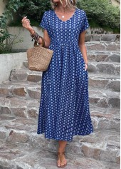 Dark Blue Pocket Geometric Print A Line Dress