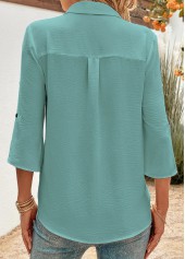Peacock Blue Button 3/4 Sleeve Shirt Collar Blouse | thumb picture 
