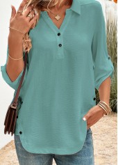 Peacock Blue Button 3/4 Sleeve Shirt Collar Blouse | thumb picture 