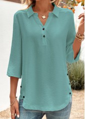 Peacock Blue Button 3/4 Sleeve Shirt Collar Blouse | thumb picture 