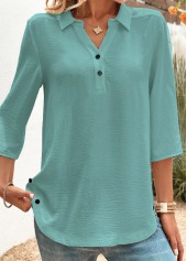 Peacock Blue Button 3/4 Sleeve Shirt Collar Blouse | thumb picture 