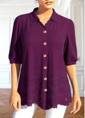 Dark Reddish Purple Patchwork Half Sleeve Blouse