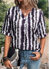 Multi Color Patchwork Striped Short Sleeve Blouse | thumb picture 