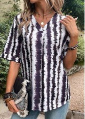 Multi Color Patchwork Striped Short Sleeve Blouse | thumb picture 