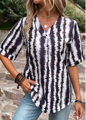 Multi Color Patchwork Striped Short Sleeve Blouse