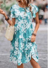 Blue Ruffle Floral Print Short Sleeve Dress