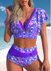 Purple High Waisted Ditsy Floral Print Bikini Set