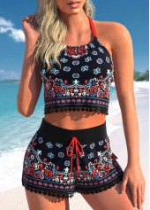 Drawstring High Waisted Tribal Print Black Bikini Set