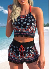 Drawstring High Waisted Tribal Print Black Bikini Set | thumb picture 