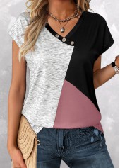 Pink Patchwork Short Sleeve V Neck T Shirt | thumb picture 
